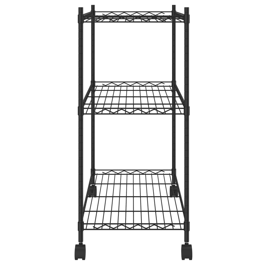 3-етажен стелаж за съхранение с колела 60x35x81 см черен 150 кг